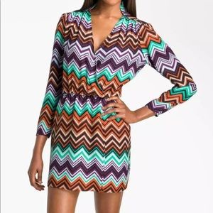 Parker 100% Silk Faux Wrap Zig Zag Chevron Dress